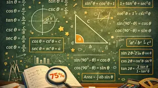 Chalkboard with trigonometry formulas, triangle diagram, book with 75% magnifier, calculator, protractor on a desk. School setting.