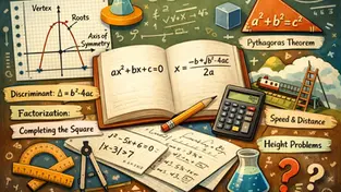 Open book with quadratic equations, graph, calculator, and math tools. Text around includes "Pythagoras Theorem," "Speed & Distance." Mathematical theme.