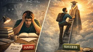 Student stressed over UGC NET exam on desk, with math symbols, books. Opposite: Climbs ladder to success symbol in sunny sky.
