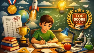 Young boy studying at a desk with books and a lamp. Background shows a blackboard with math equations, rocket, globe, and "Top Score" badge.