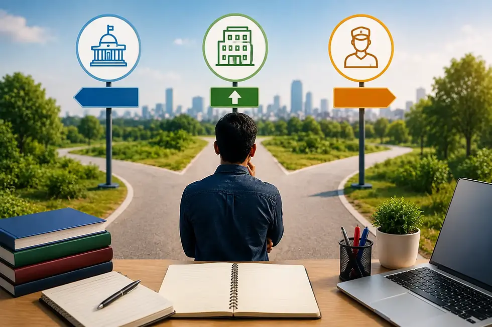 Man at a desk faces three path signs for government, business, and law in a park with city skyline, books, laptop, and notes.