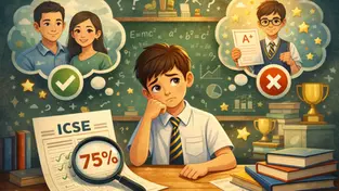 A boy in school uniform looks worried at a 75% ICSE score. Thought bubbles show happy parents and a classmate with A+. Classroom background.