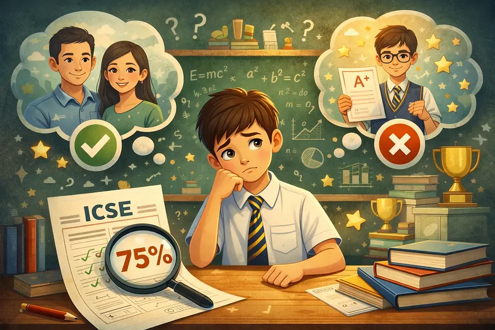 A boy in school uniform looks worried at a 75% ICSE score. Thought bubbles show happy parents and a classmate with A+. Classroom background.