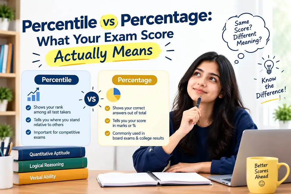 Student at a desk studies an infographic on percentile vs percentage, with books, laptop, and mug; text explains exam score differences.