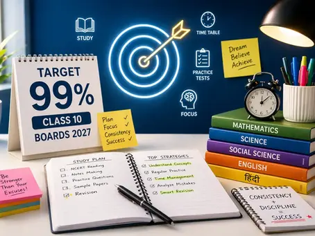 Desk scene with study guides, books, clock, and motivational notes. Main text: "Target 99% Class 10 Boards 2027." Bright target graphic.