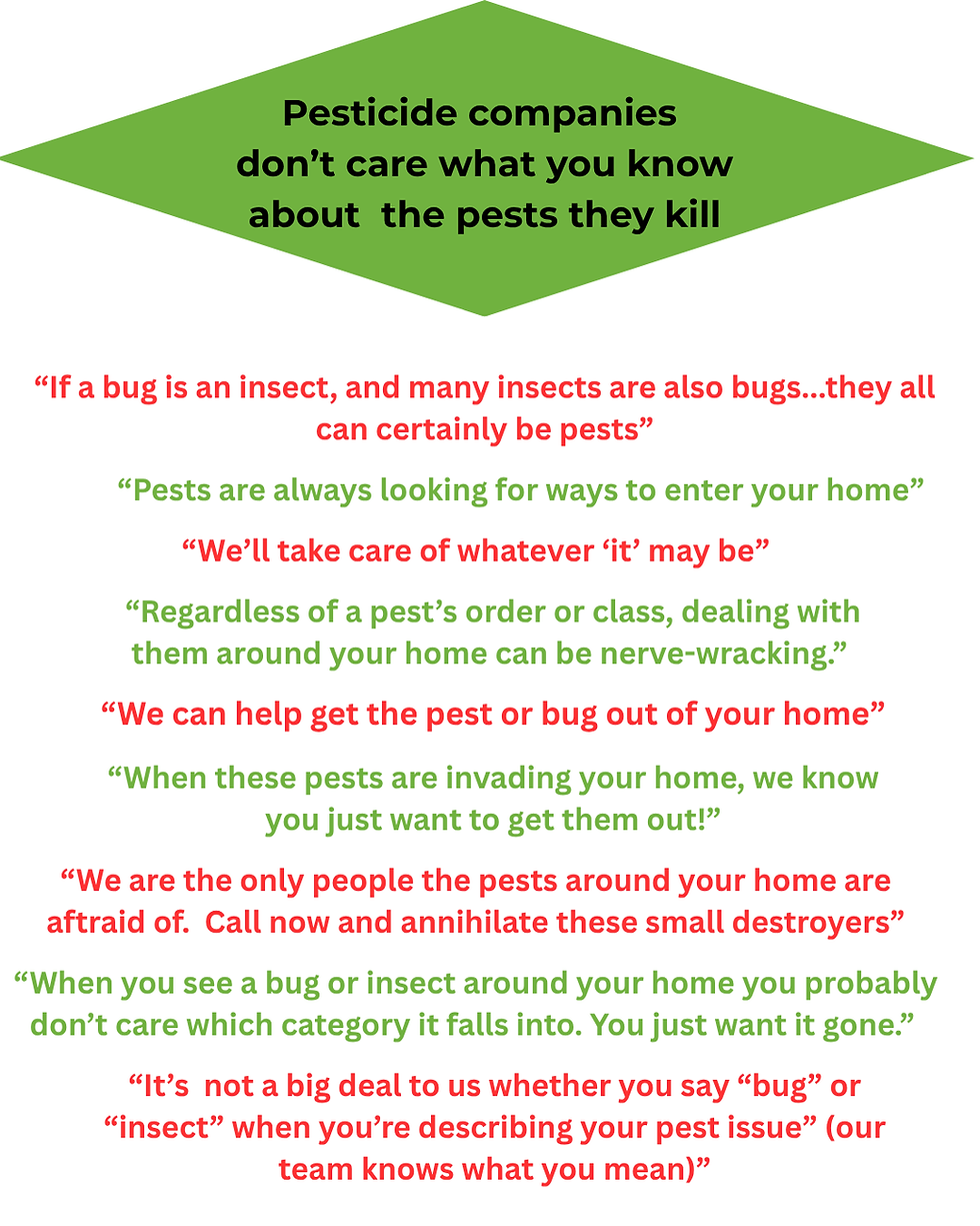 I took these quotes from various pesticide company websites. Education is not their core business and they don't appear to care if you really know the difference between pests, insects, and bugs so they conflate the terms. The word invertebrate is also nowhere to be found!
