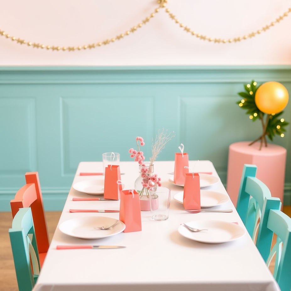 Kid-friendly table set for four, small gift bags, festive decorations, bright ambient ligh