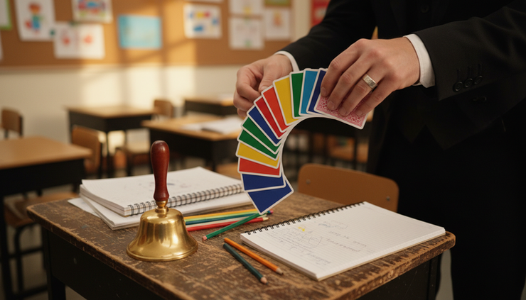Plano aproximado de mãos de mágico a mostrar cartas coloridas numa mesa com material escolar.