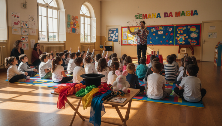 Vista ampla de crianças sentadas a assistir a um momento de magia numa sala escolar.