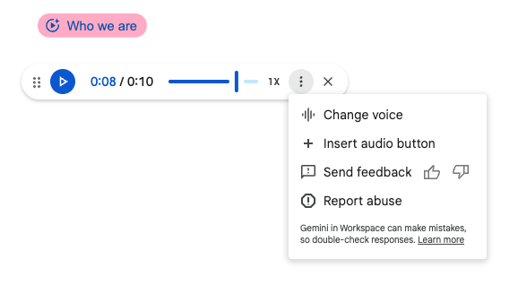 Audio player labeled Who we are is open at 0:08/0:10 with a menu showing change voice, insert audio button, send feedback, report abuse.
