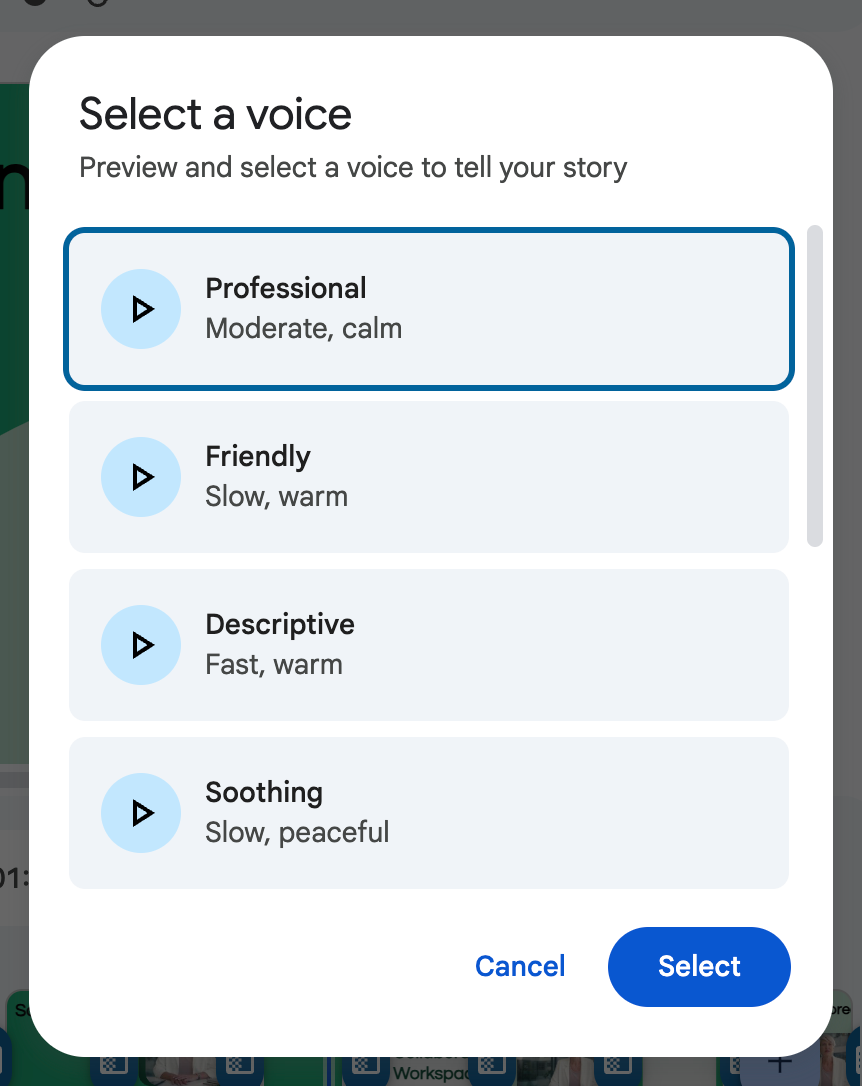 List of voiceover options in Google Vids