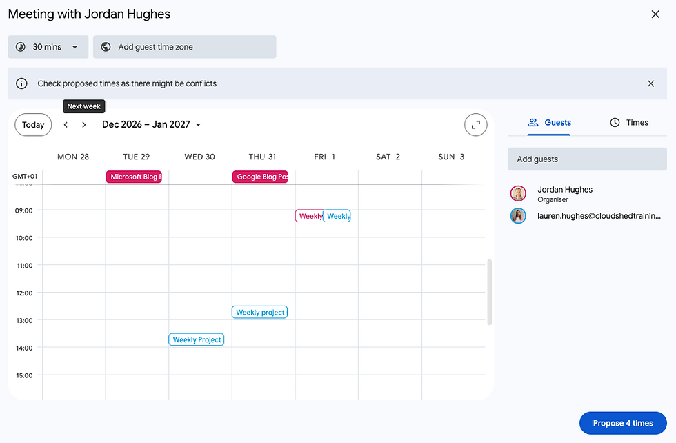 Google Calendar scheduling view for Meeting with Jordan Hughes, showing week grid, guest list, and a Propose 4 times button