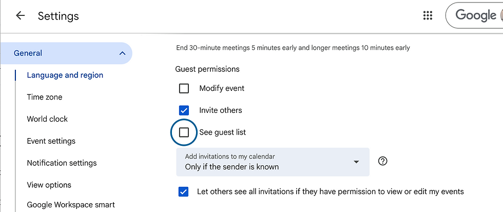 Google Calendar Settings page showing Guest permissions checkboxes, with Invite others checked and See guest list highlighted.