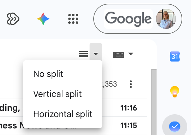 Google interface with a split-view dropdown open, showing No split, Vertical split, and Horizontal split options over an inbox list