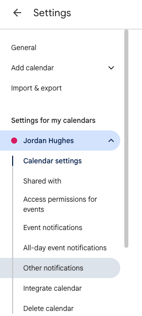 Calendar settings menu with options: Shared with, Access permissions, and notifications. Highlighted "Jordan Hughes" section. Simple, clean design.