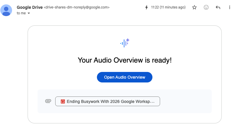 Email from Google Drive states "Your Audio Overview is ready!" with a button to open it. Attached file: "Ending Busywork With 2026 Google Workspace."