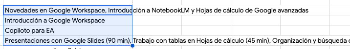 Spreadsheet with Spanish course topics in rows, blue-highlighted cells, and text like Novedades en Google Workspace and Copiloto para EA