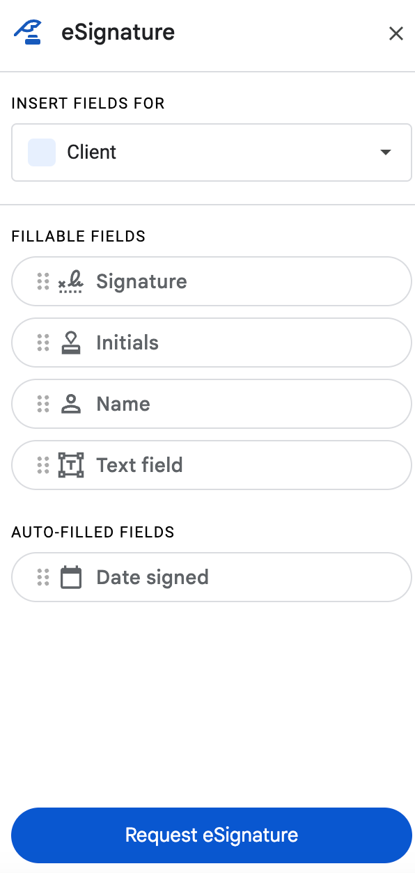 eSignature toolbar in Google Docs