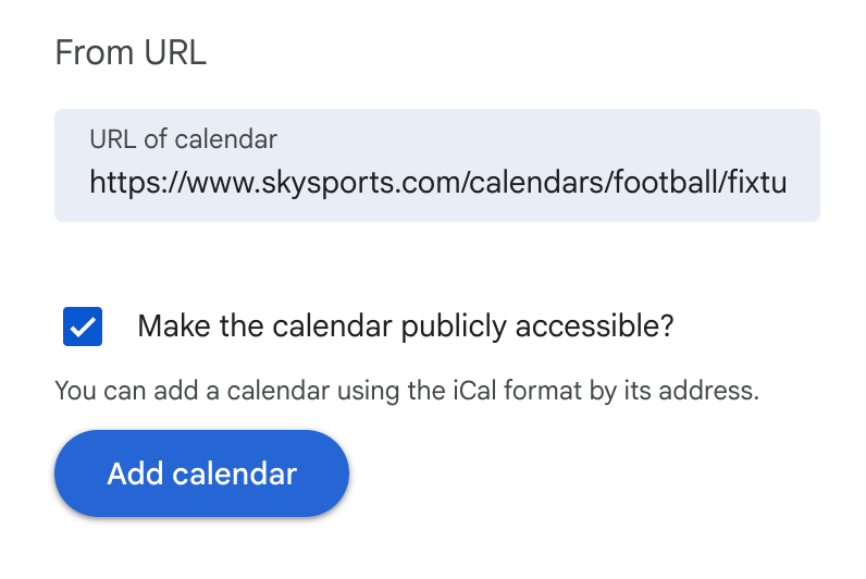 Calendar add screen showing a URL field, checked public-access box, and blue Add calendar button on a white background.