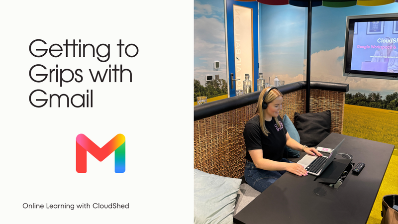 Course cover image of gmail logo and an image of trainer lauren at a laptop