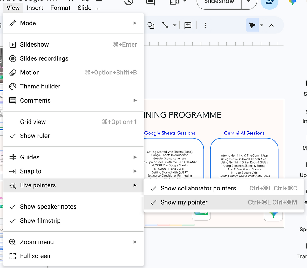 Google Slides View menu open to Live pointers submenu over a training programme slide with Google Sheets and Gemini AI sessions visible