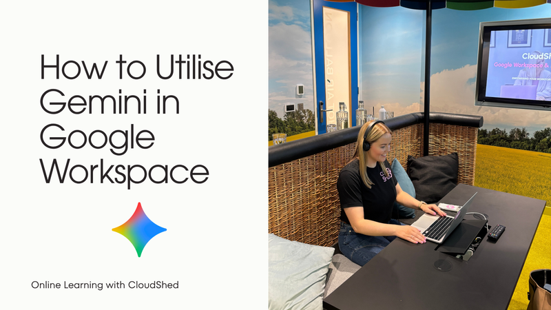 Cover image for Cloudsheds Google Gemini course showing the title and a laptop with gemini logo