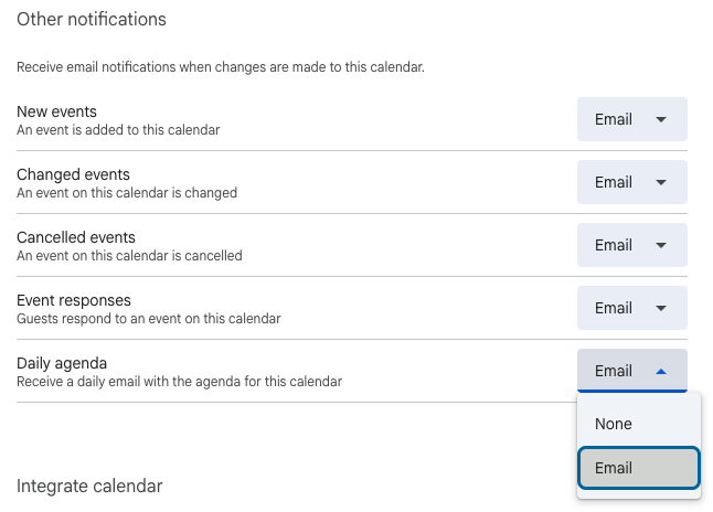 Email notification settings for a calendar displayed with options for new, changed, and canceled events, event responses, and daily agenda.