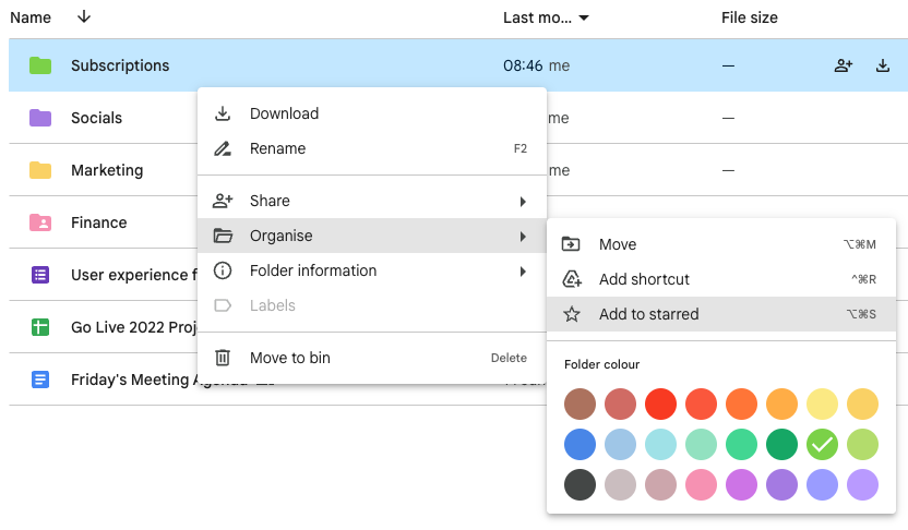 The organise menu in Google Drive, with Starred highlighted