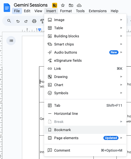 Google Docs interface with "Insert" menu open showing options like Image, Table, and Bookmark. Document titled "Gemini Sessions."