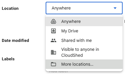 The locations box within the Google Drive search drop down