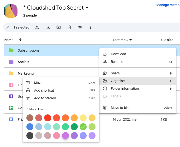 The organise menu when you right click on a file or folder in Google Drive