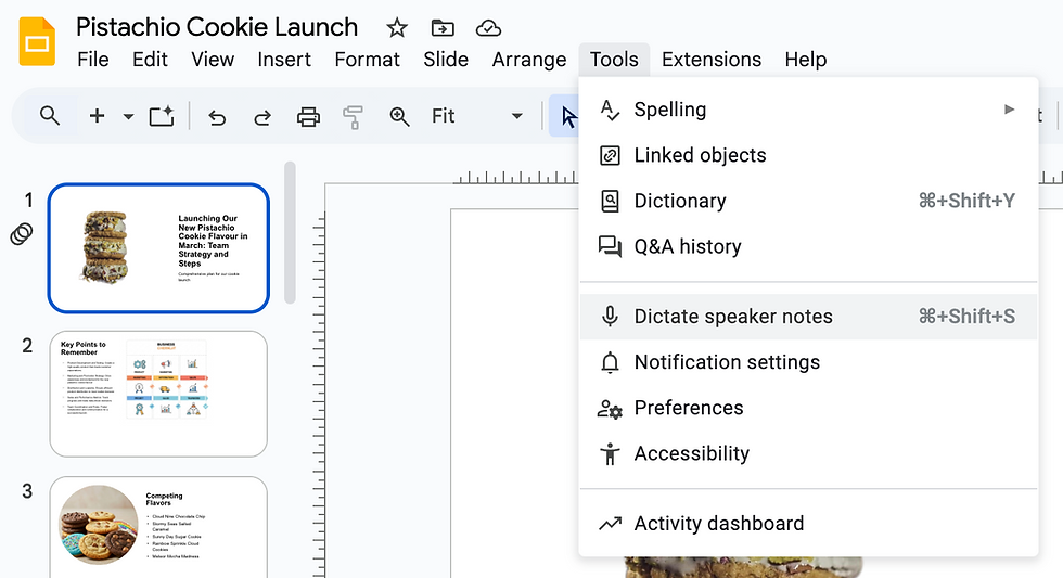 Tools menu in Google Slides showing the Dictate Speaker Notes option