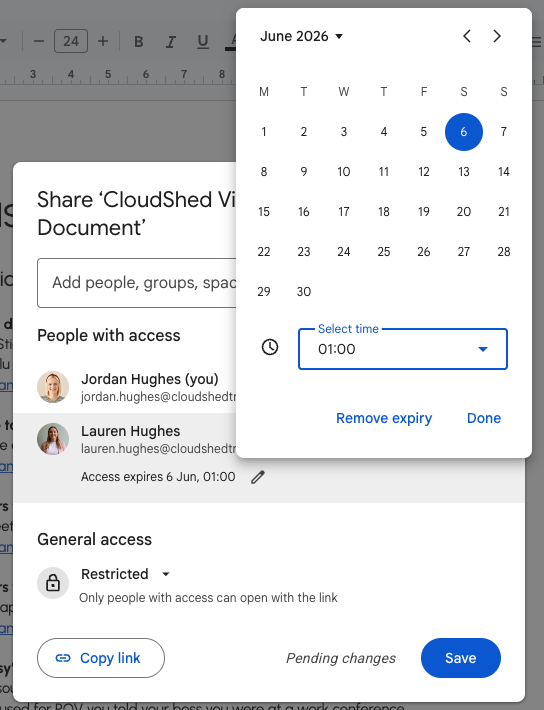 Sharing settings for "CloudShed Video Document" show access for two users. A date picker is set to June 6, 2026. Save button visible.