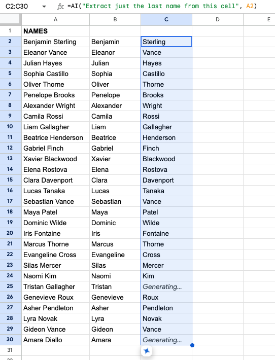 Spreadsheet showing names split into columns: full names in column A, first names in B, last names in C. Formula shown at C2.