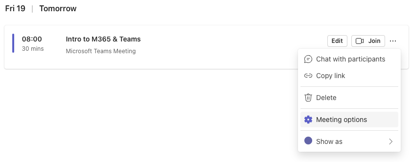 Meeting options from Teams Calendar
