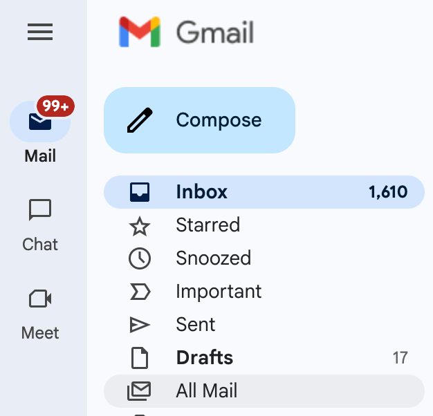 Gmail interface showing 99+ unread emails, "Compose" button, and "Inbox" with 1,610 emails. Other folders listed: Starred, Snoozed, etc.