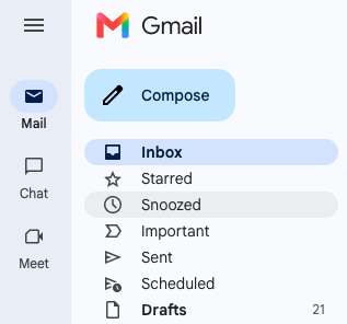 Gmail sidebar with Compose button and folders Inbox, Starred, Snoozed, Important, Sent, Scheduled, Drafts