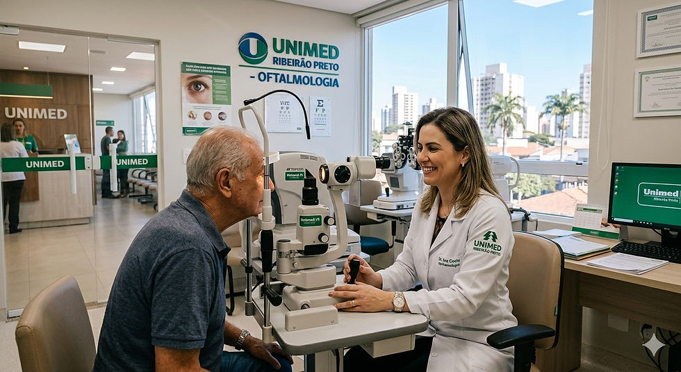 Paciente sentado de costas em consultório odontológico azul, diante de monitores e equipamentos, clima calmo.