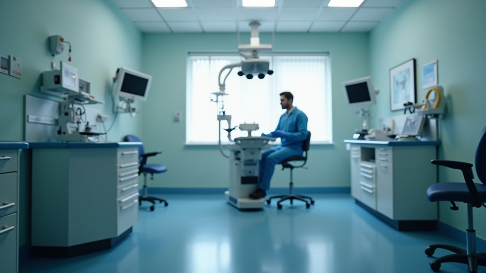 Homem sentado em sala de exames oftalmológicos, com parede verde e chão azul. Equipamentos médicos ao redor. Atmosfera calma e profissional.