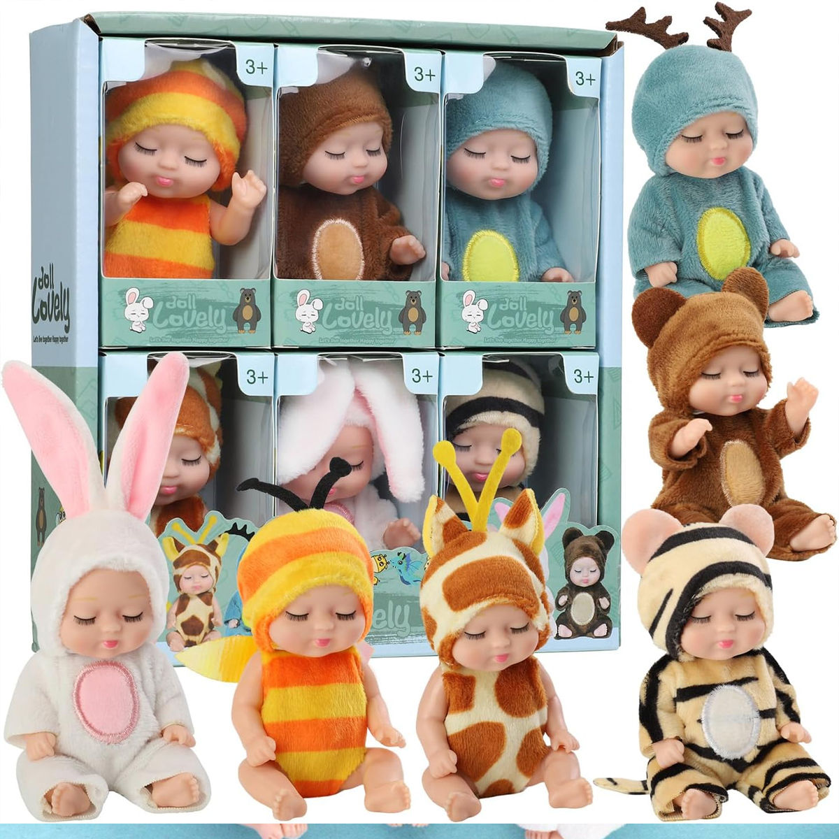 Mini 4-inch reborn baby dolls set with tiny outfits