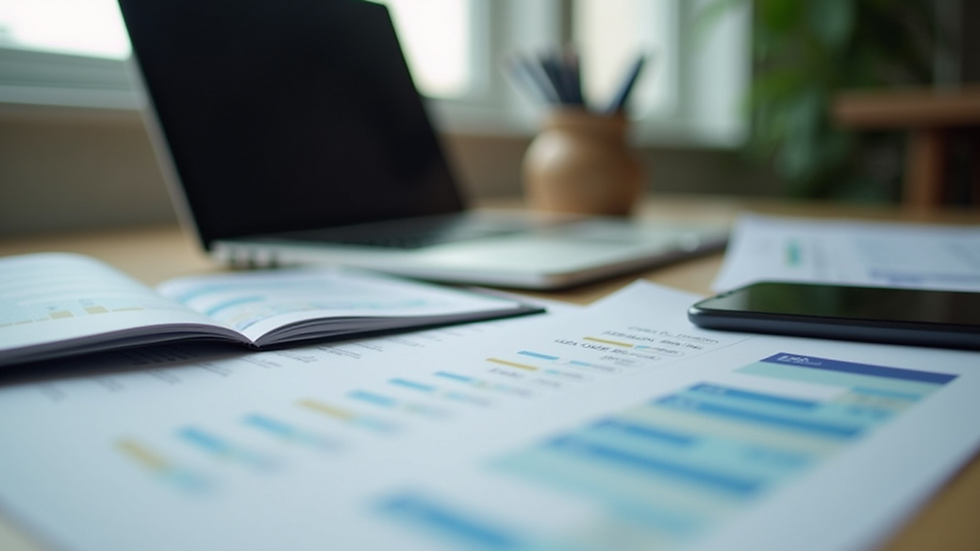 Eye-level view of a desk with a laptop and financial documents