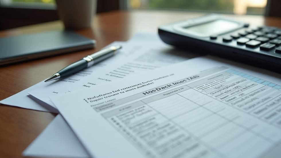 Eye-level view of organized tax documents and calculator on a wooden desk