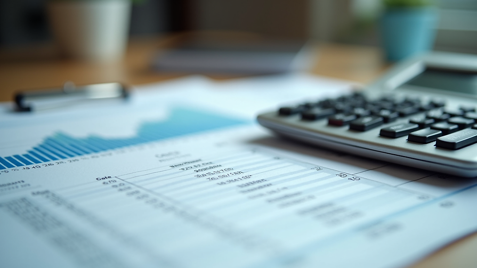 Eye-level view of organized financial documents and calculator on a desk