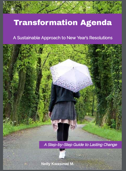 a woman walking down a path with an umbrella on the cover of a transformation agenda