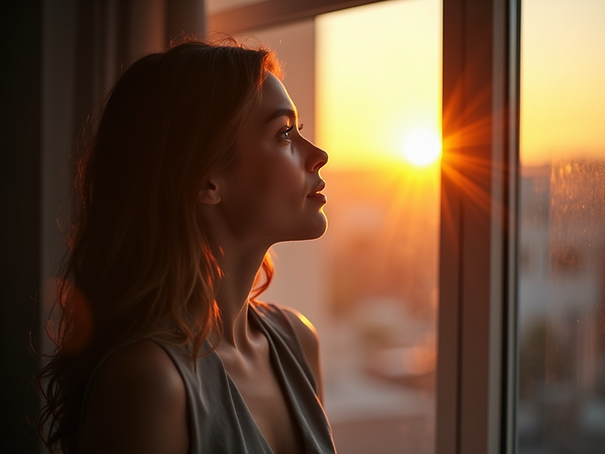 A focused professional woman looking thoughtfully out a window during golden hour, symboli