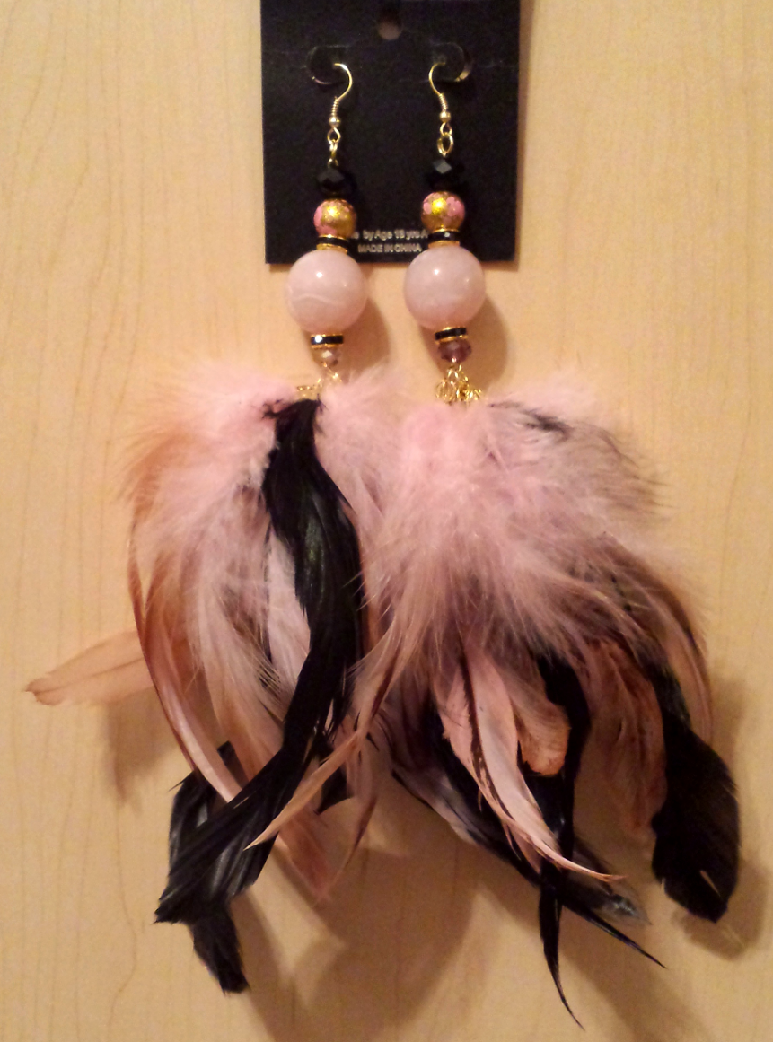 Pink and Black Chandlier Feather Earrings