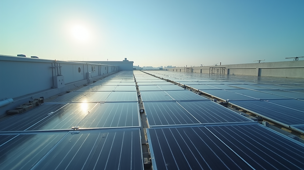 Wide angle view of solar panels installed on a commercial building