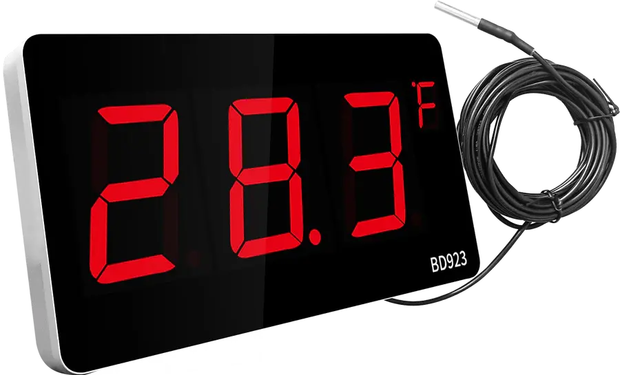 Close-up view of digital temperature and humidity monitor inside a server room