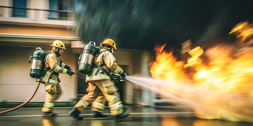Two firefighters trying to extinguish fire flames