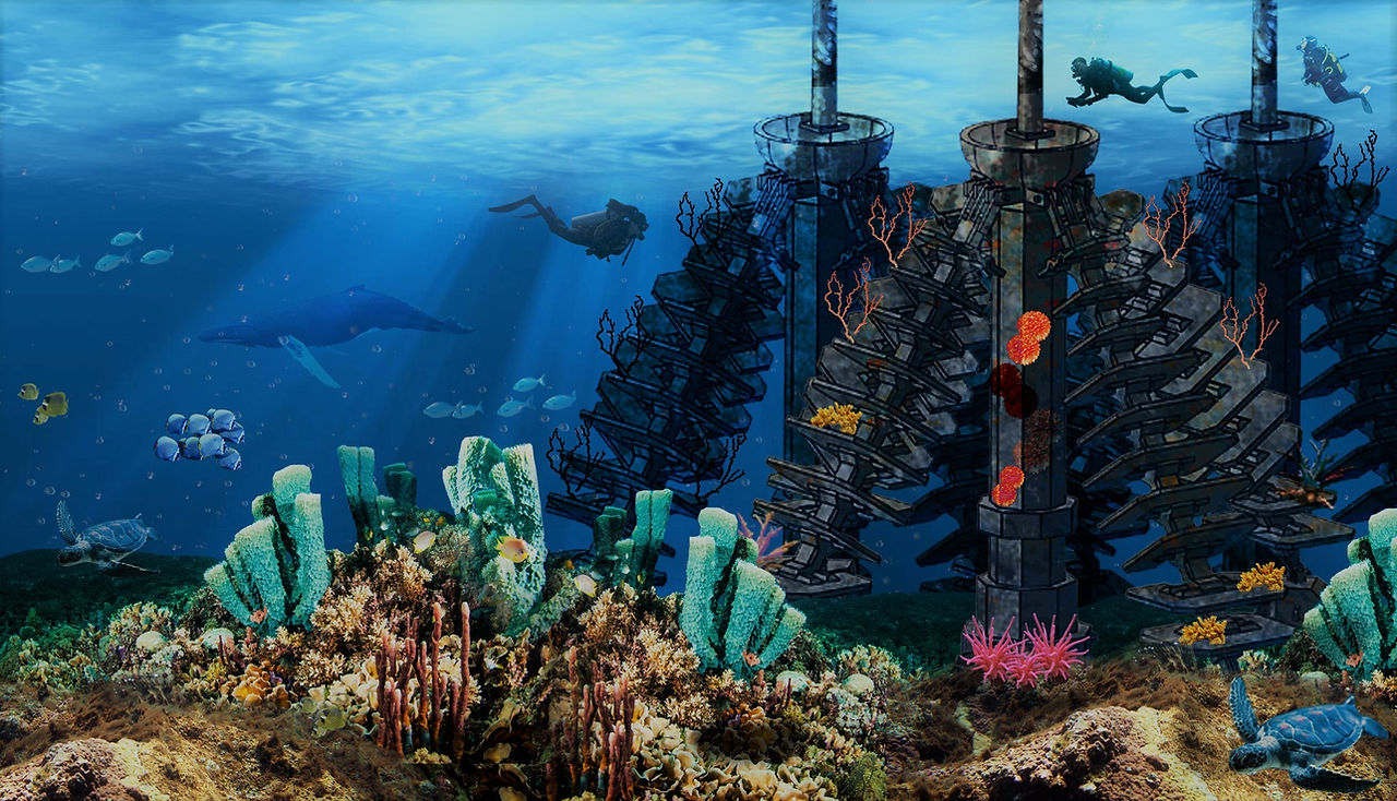 Windfarm Defunct Oil Rig Ocean Growth Base 3